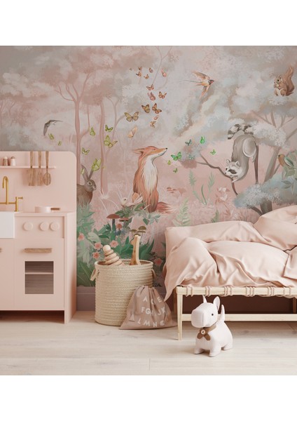 Pembe Orman ve Safari Hayvanlar Çocuk Odası Duvar Kağıdı fiyatları
