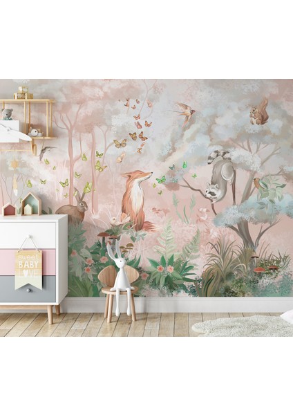 Pembe Orman ve Safari Hayvanlar Çocuk Odası Duvar Kağıdı modelleri