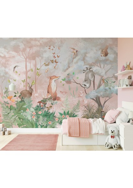 Pembe Orman ve Safari Hayvanlar Çocuk Odası Duvar Kağıdı fırsatları
