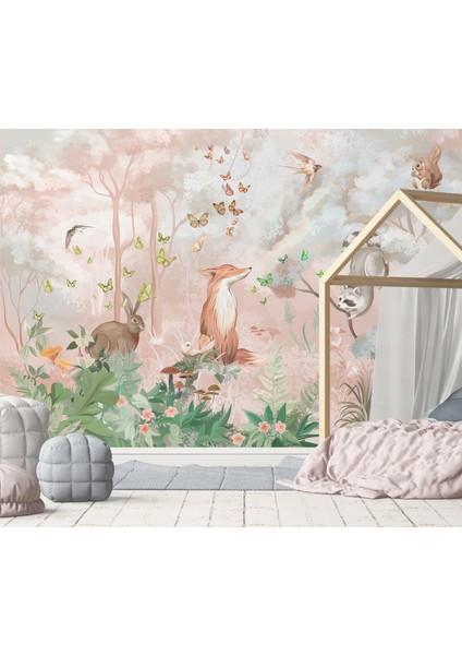 Pembe Orman ve Safari Hayvanlar Çocuk Odası Duvar Kağıdı indirimleri