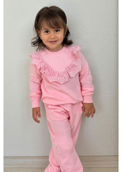 Kız Çocuk Eşofman Takım Güpürlü Nakışlı 3-8 Yaş, Pembe