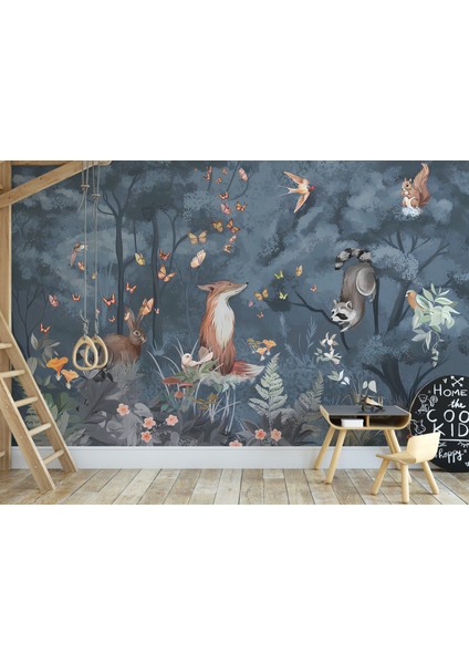 Mavi Orman Safari Hayvanlar Çocuk Odası Duvar Kağıdı