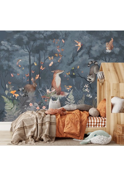 Mavi Orman Safari Hayvanlar Çocuk Odası Duvar Kağıdı modelleri