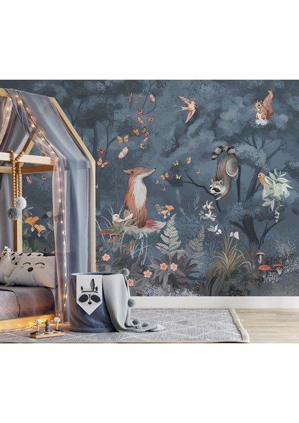 Mavi Orman Safari Hayvanlar Çocuk Odası Duvar Kağıdı fırsatları