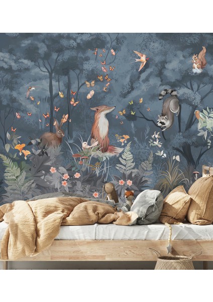 Mavi Orman Safari Hayvanlar Çocuk Odası Duvar Kağıdı indirimleri