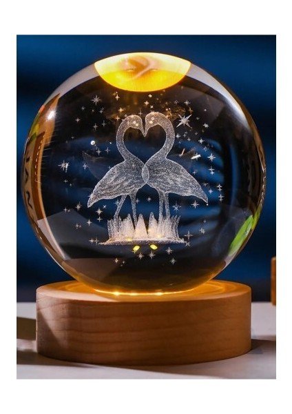 Ahşap Tabanlı LED Işıklı Flamingo Figürlü Kristal Küre