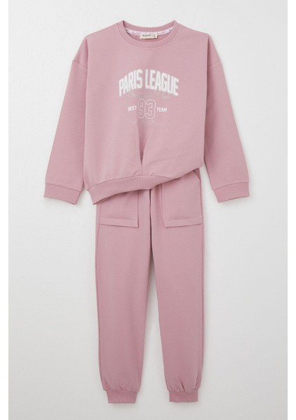 Kız Çocuk Eşofman Takım Lig Temalı Ön Kısmı V Dikişli 5-10 Yaş, Gülkurusu