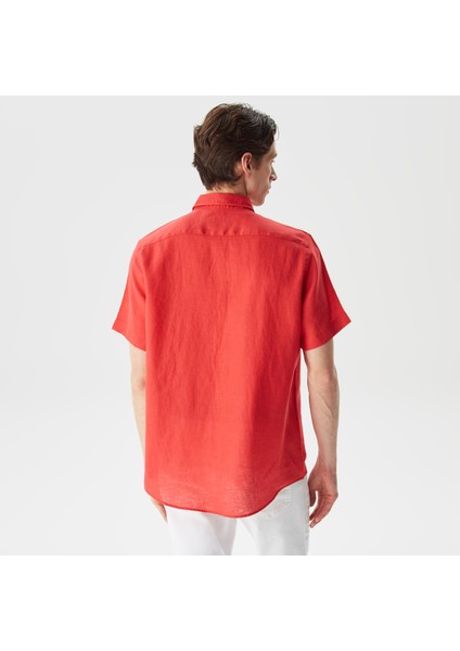 Erkek Turuncu Classic Fit Kısa Kollu Keten Gömlek fiyatları