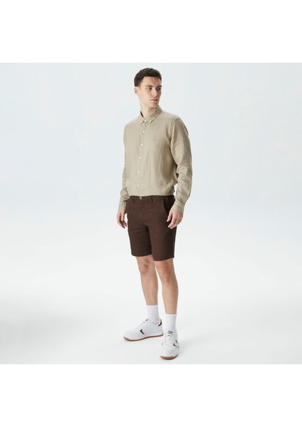 Erkek Kahverengi Slim Fit Keten Bermuda
