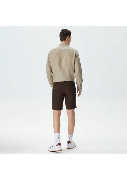 Erkek Kahverengi Slim Fit Keten Bermuda