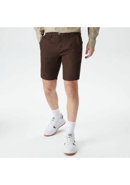 Erkek Kahverengi Slim Fit Keten Bermuda