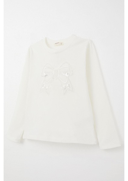 Kız Çocuk Uzun Kollu Tişört Kelebek Armalı Incili 8-14 Yaş, Ekru modelleri