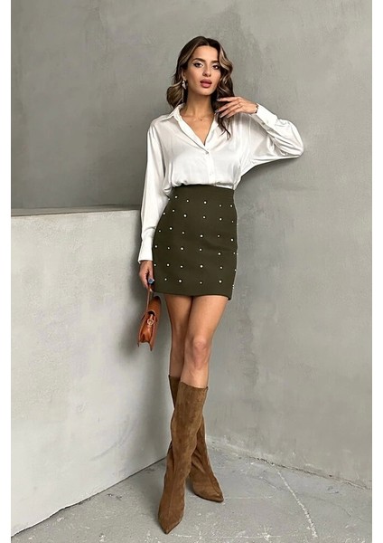 Haki Süet Kaşe Taşlı Mini Etek