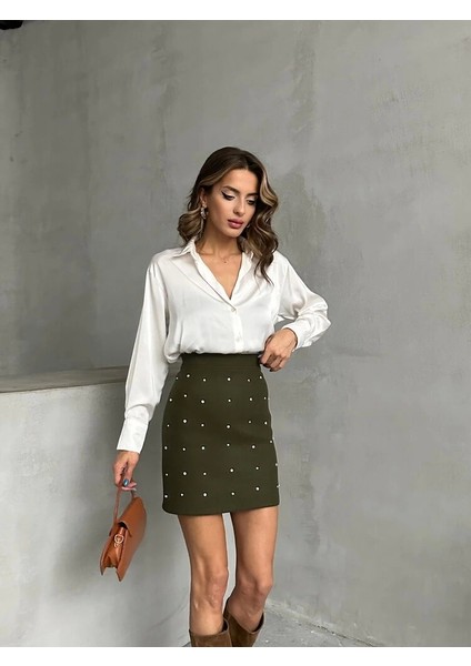 Haki Süet Kaşe Taşlı Mini Etek