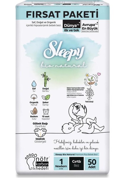 Nessiworld Sleepy Bio Natural Bebek Bezi Fırsat Paketi 1 Beden 50 Adet