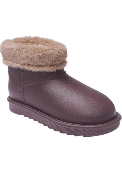 Yuvarlak Burun Kadın Kürklü Kısa Yağmur Botu KAHVERENGİ
