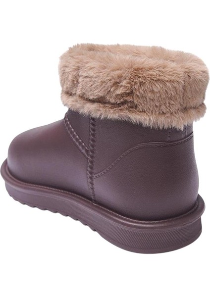 Yuvarlak Burun Kadın Kürklü Kısa Yağmur Botu KAHVERENGİ