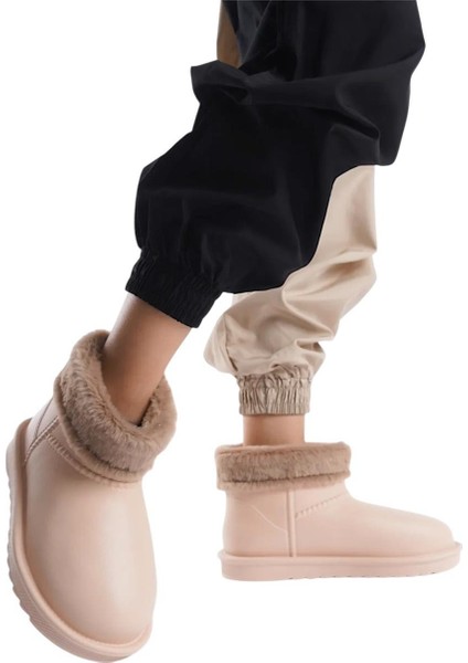 Yuvarlak Burun Kadın Kürklü Kısa Yağmur Botu BEJ indirimleri