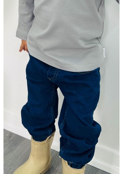 Erkek Çocuk Jean Pantolon Bağcıklı Paçası Lastikli 1.5-5 Yaş, Koyu Mavi