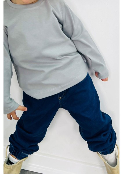 Erkek Çocuk Jean Pantolon Bağcıklı Paçası Lastikli 1.5-5 Yaş, Koyu Mavi