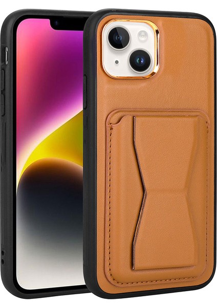 Apple iPhone 14 Kılıf Kartlıklı Standlı ​pu Deri Memo Kapak - Kahve Açık