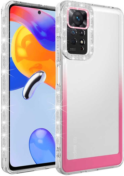 Nova Global Xiaomi Redmi Note 11 Global Kılıf Simli ve Renk Geçiş Tasarımlı Lens Korumalı Park Kapak-Beyaz-Pembe