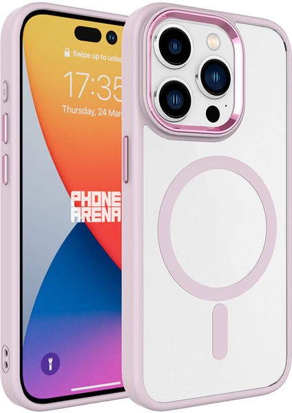 Apple iPhone 15 Pro Max Kılıf Wireless Şarj Özellikli Krom Magsafe Silikon Kapak - Pembe Açık