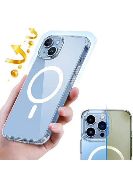 Apple iPhone 15 Plus Kılıf Magsafe Şarj Özellikli Şeffaf Sert Pc Embos Kapak-Renksiz