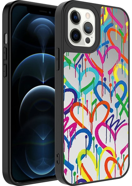 Apple iPhone 12 Pro Max Kılıf Aynalı Desenli Kamera Korumalı Parlak Mirror Kapak-Kalp