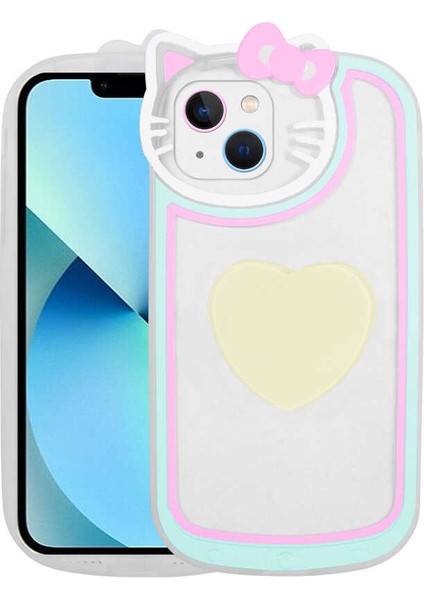 Apple iPhone 13 Kılıf Kedi Figürlü Transparan Pop Soketli Ritmik Kapak-Beyaz