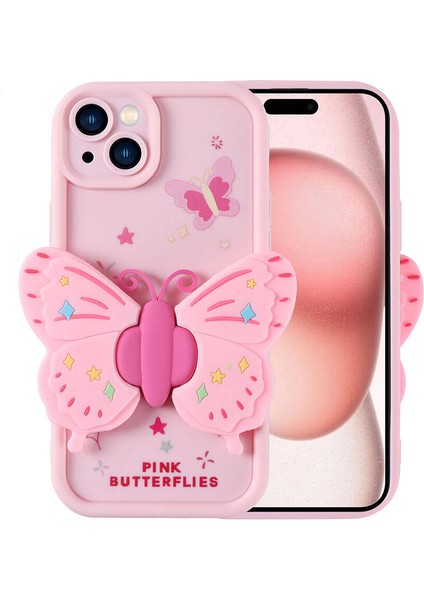 Apple iPhone 15 Kılıf Kamera Korumalı Figür Tasarımlı Kapya Kapak - Pembe Açık