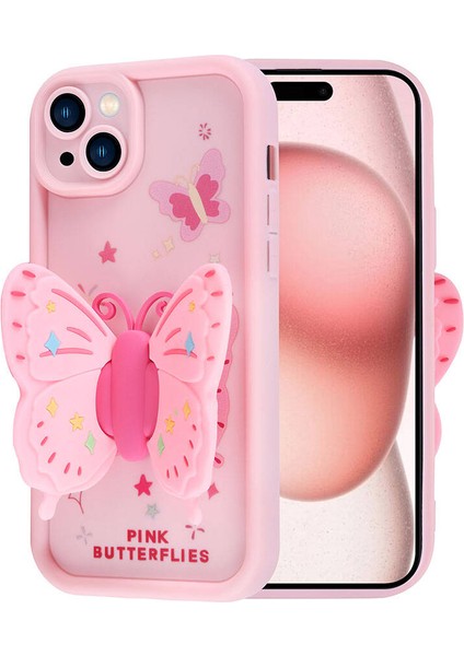 Apple iPhone 15 Kılıf Kamera Korumalı Figür Tasarımlı Kapya Kapak - Pembe Açık