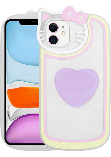 iPhone 11 Uyumlu Kedi Figürlü Transparan Pop Soketli Ritmik Kapak-Lila