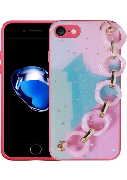 Apple iPhone 8 Uyumlu Simli Desenli El Askılı Tutacaklı Elsa Silikon Kapak - Pembe Koyu