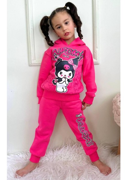 Kız Çocuk Pembe Kuromi Üç Iplik Şardonlu Kapşonlu Takım