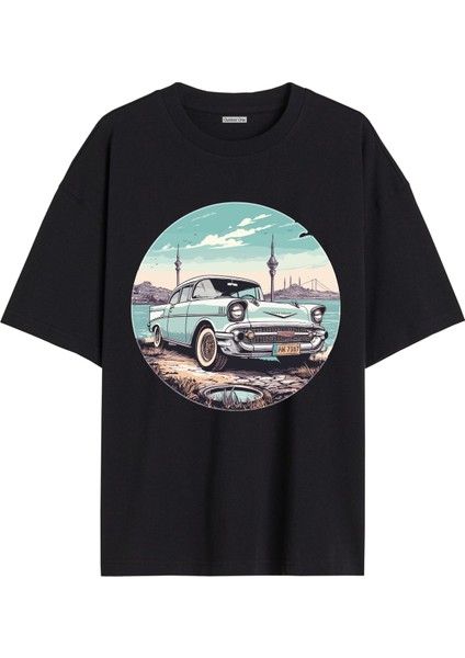 Arabalı Tshirt Ön Baskılı T-shirt Bisiklet Yaka Siyah Unisex Tişört Araba33
