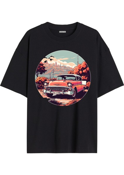 Arabalı Tshirt Ön Baskılı T-Shirt Bisiklet Yaka Siyah Unisex Tişört ARABA43