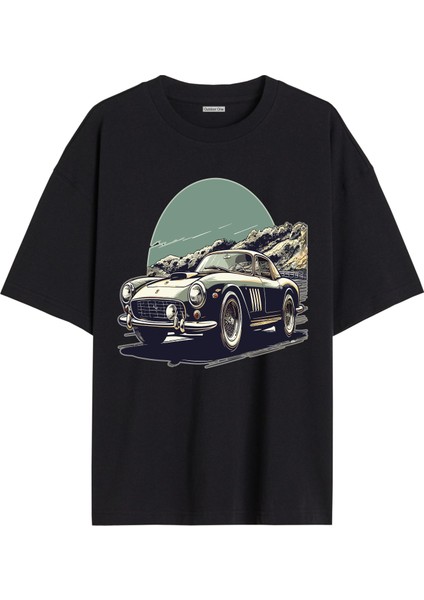 Arabalı Tshirt Ön Baskılı T-shirt Bisiklet Yaka Siyah Unisex Tişört Araba47