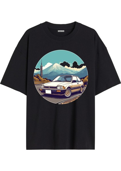 Arabalı Tshirt Ön Baskılı T-Shirt Bisiklet Yaka Siyah Unisex Tişört ARABA48