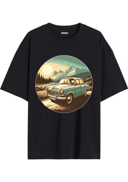 Arabalı Tshirt Ön Baskılı T-shirt Bisiklet Yaka Siyah Unisex Tişört Araba50