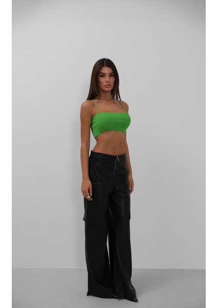Ince Askılı Yeşil Crop Top