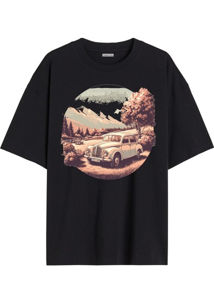 Arabalı Tshirt Ön Baskılı T-shirt Bisiklet Yaka Siyah Unisex Tişört Araba14