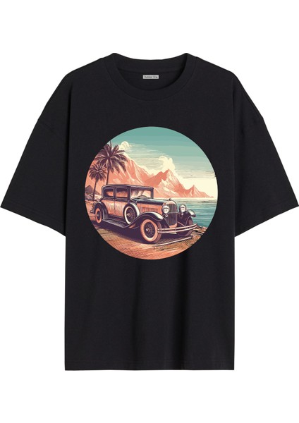 Arabalı Tshirt Ön Baskılı T-shirt Bisiklet Yaka Siyah Unisex Tişört Araba16