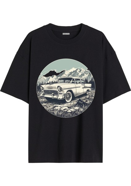 Arabalı Tshirt Ön Baskılı T-Shirt Bisiklet Yaka Siyah Unisex Tişört ARABA32