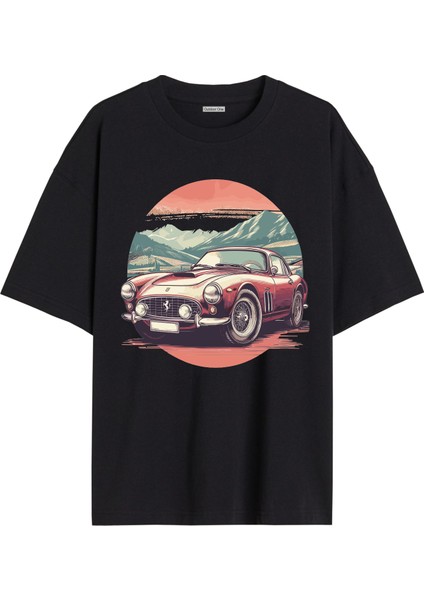 Arabalı Tshirt Ön Baskılı T-Shirt Bisiklet Yaka Siyah Unisex Tişört Araba5