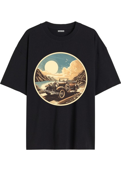 Arabalı Tshirt Ön Baskılı T-Shirt Bisiklet Yaka Siyah Unisex Tişört Araba4
