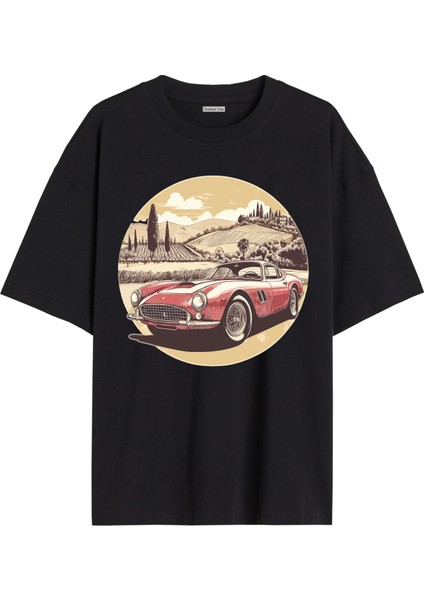Arabalı Tshirt Ön Baskılı T-Shirt Bisiklet Yaka Siyah Unisex Tişört Araba1