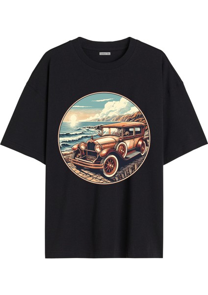 Arabalı Tshirt Ön Baskılı T-shirt Bisiklet Yaka Siyah Unisex Tişört Araba6