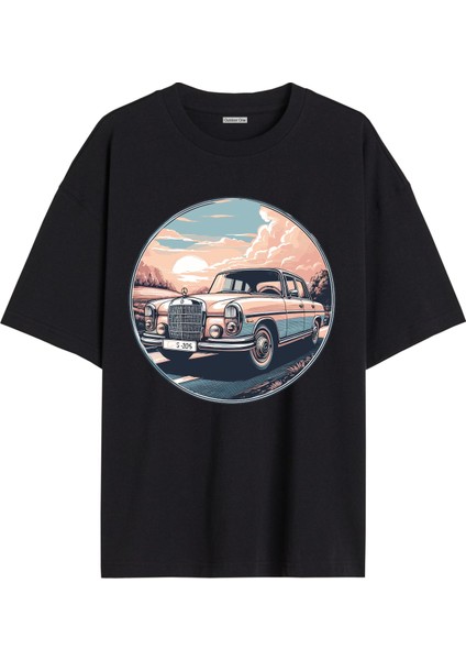 Arabalı Tshirt Ön Baskılı T-shirt Bisiklet Yaka Siyah Unisex Tişört Araba11