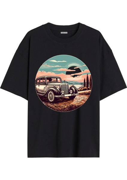 Arabalı Tshirt Ön Baskılı T-Shirt Bisiklet Yaka Siyah Unisex Tişört ARABA44